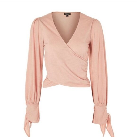 Women's 2 Topshop Wrap Front Tie Sleeve Blouse Blush Pink Textured Ties - Picture 3 of 10